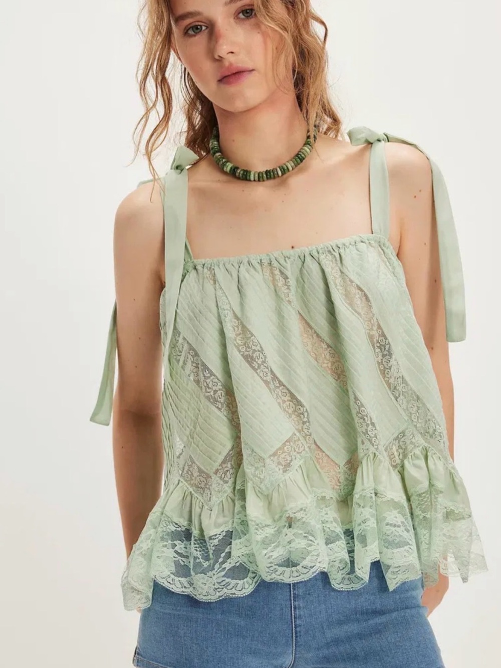 Free People Pale Mint Lace Tie-Shoulder Tank